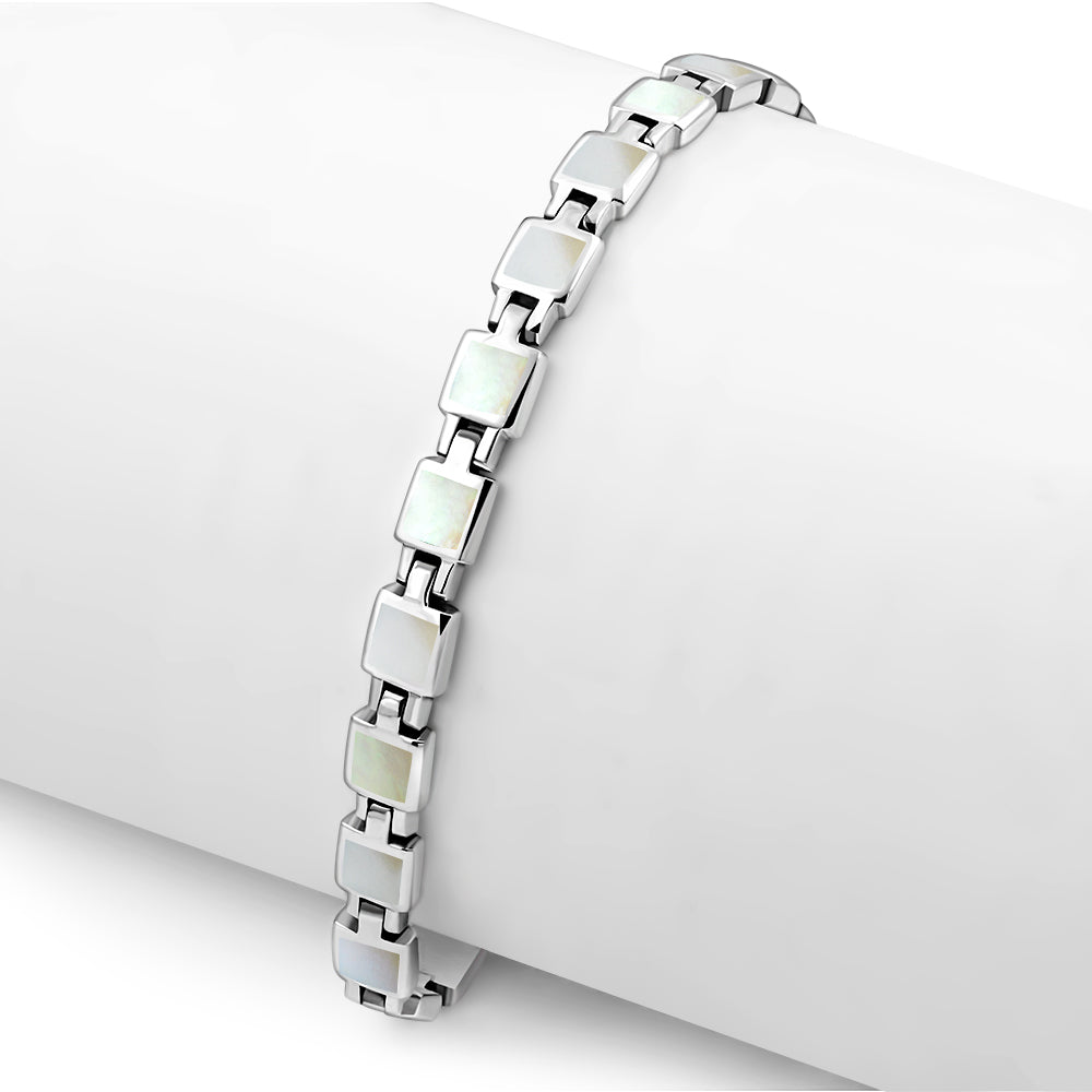 Mother of Pearl Small Square links Silver Bracelet