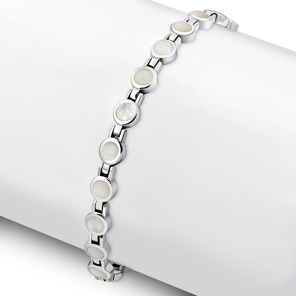 Mother Of Pearl Shell Round Circle Links Silver Bracelet