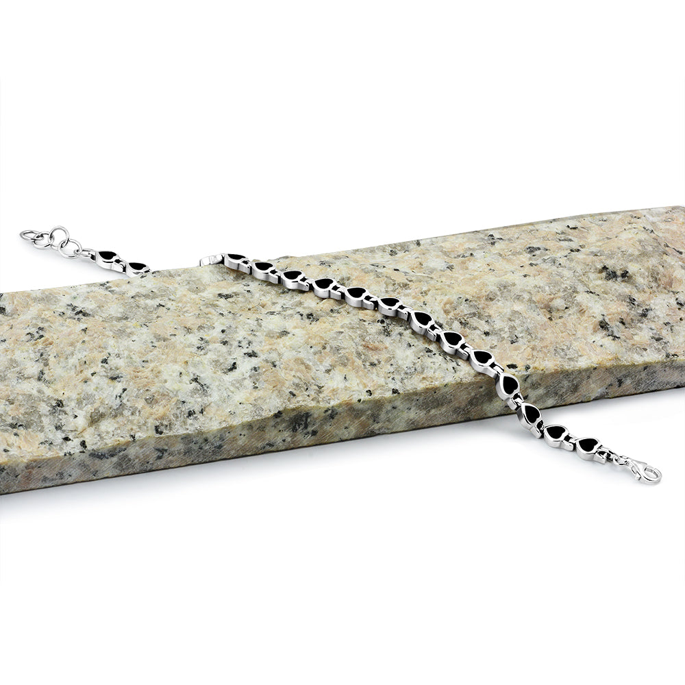 Black Onyx Love Heart Links Silver Bracelet