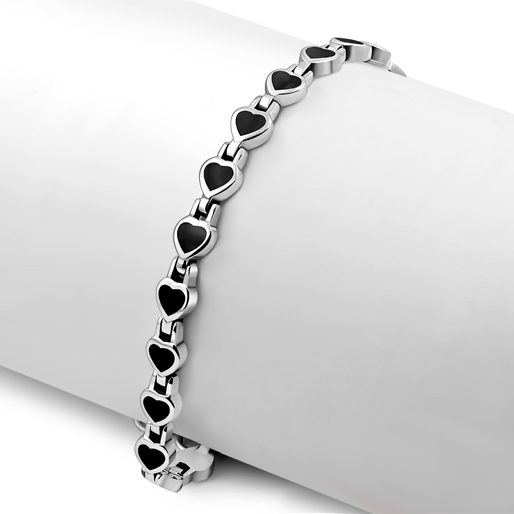 Black Onyx Love Heart Links Silver Bracelet