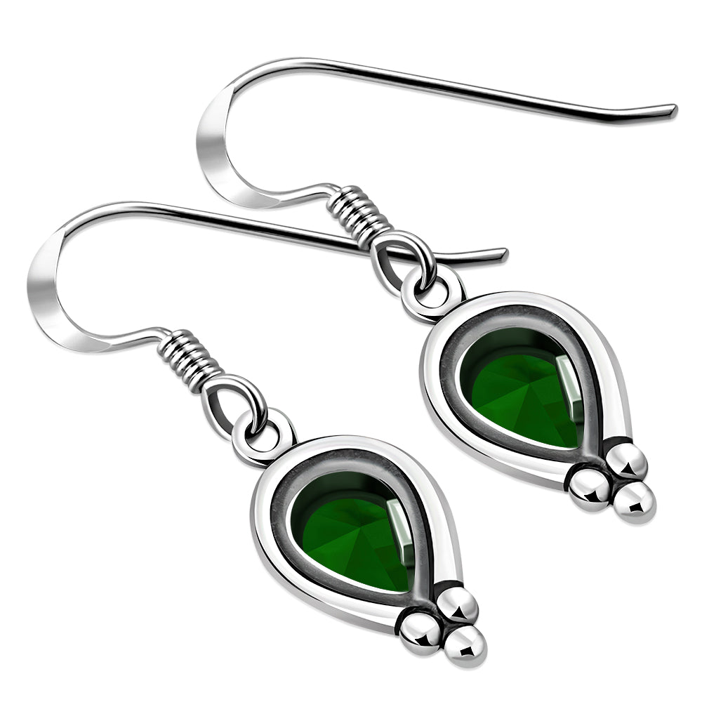 Ethnic Style Silver Earrings w Green CZ