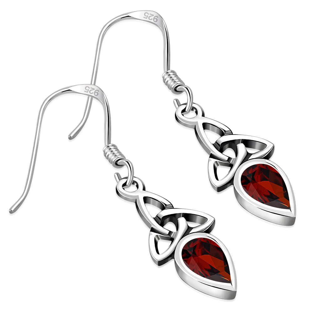 Garnet Stone Trinity Knot Silver Earrings