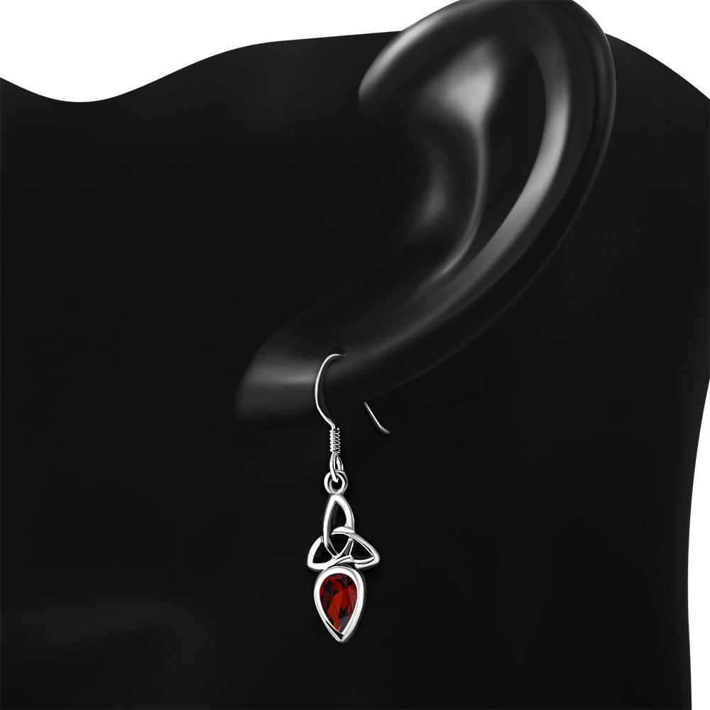 Garnet Stone Trinity Knot Silver Earrings
