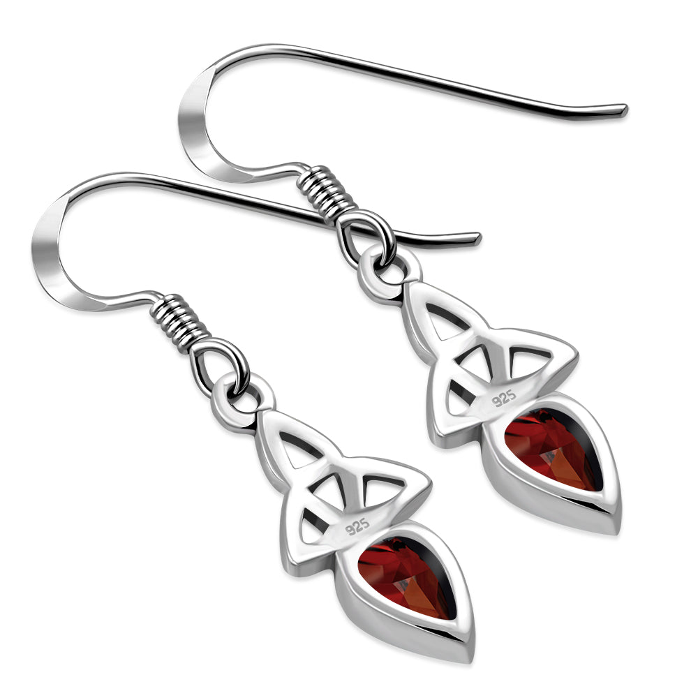 Garnet Stone Trinity Knot Silver Earrings