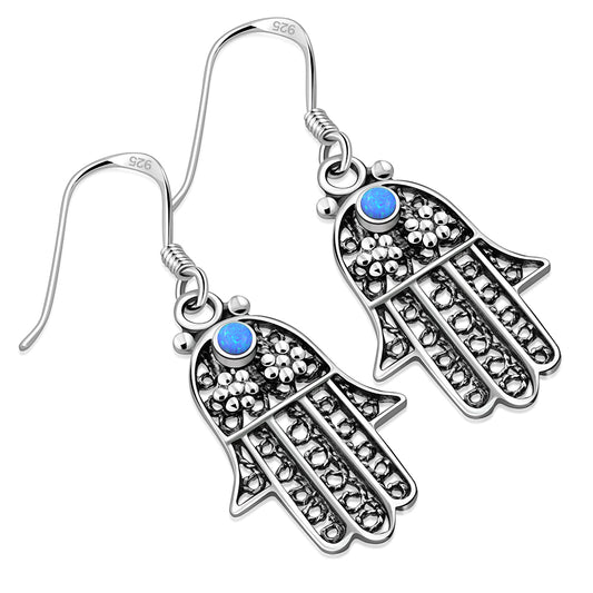 Filigree work Hamsa Earring with Synthetic Azure Blue Opal