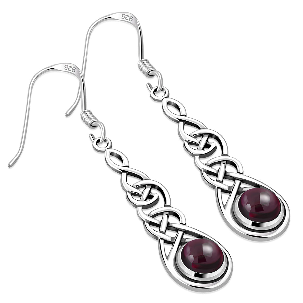 Garnet Stone Celtic Long Silver Earrings