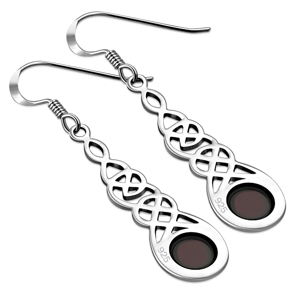 Garnet Stone Celtic Long Silver Earrings