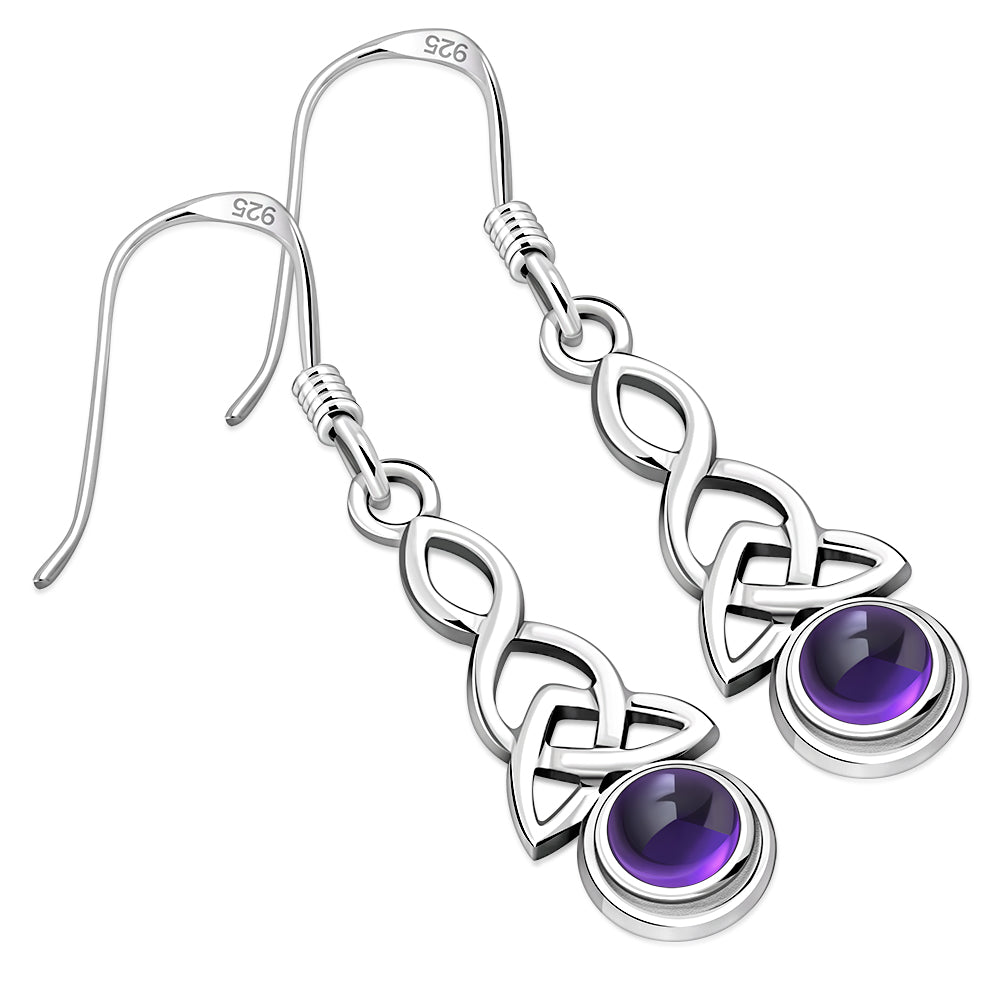 Long Amethyst Stone Trinity Knot Sterling Silver Earrings