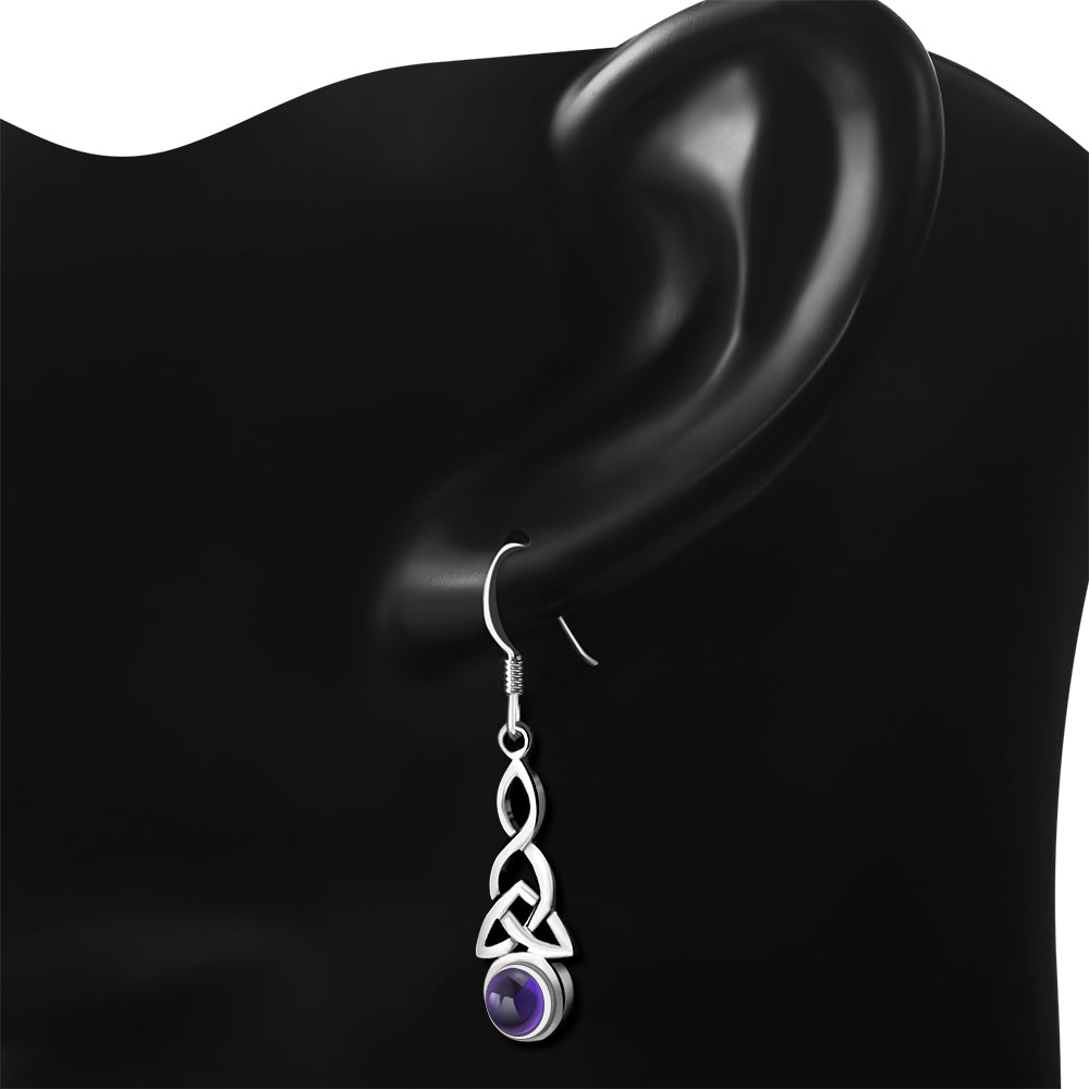 Long Amethyst Stone Trinity Knot Sterling Silver Earrings