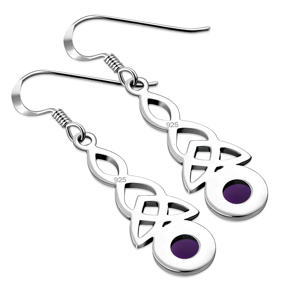 Long Amethyst Stone Trinity Knot Sterling Silver Earrings