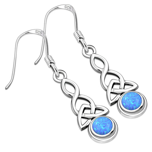 Long Synthetic Blue Opal Trinity Knot Silver Earrings