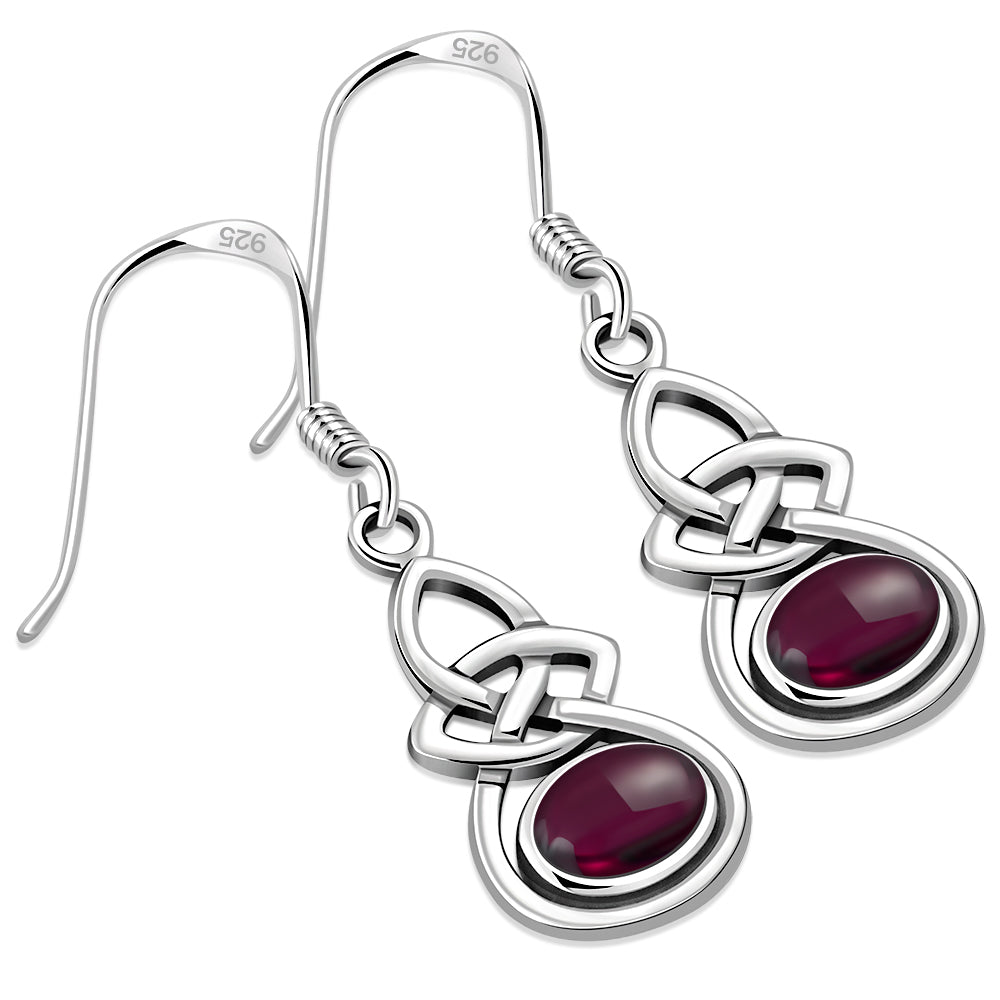 Oval Garnet Celtic Knot Silver Earrings