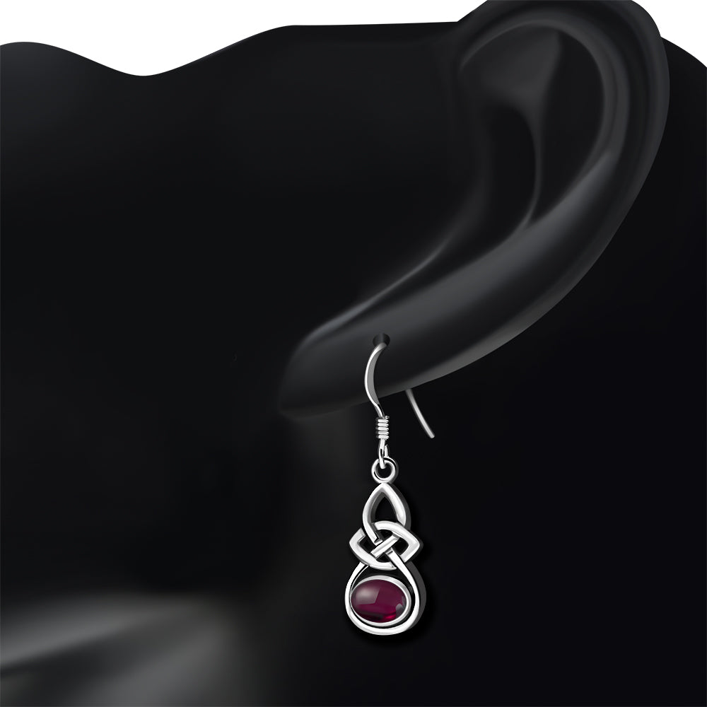 Oval Garnet Celtic Knot Silver Earrings