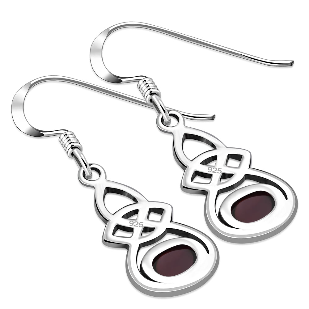 Oval Garnet Celtic Knot Silver Earrings