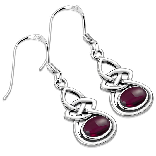 Oval Garnet Celtic Knot Silver Earrings
