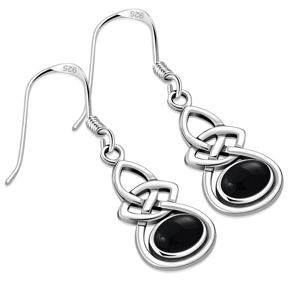 Oval Black Onyx Celtic Knot Silver Earrings