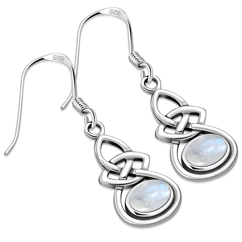Oval Rainbow Moon Stone Celtic Knot Silver Earrings