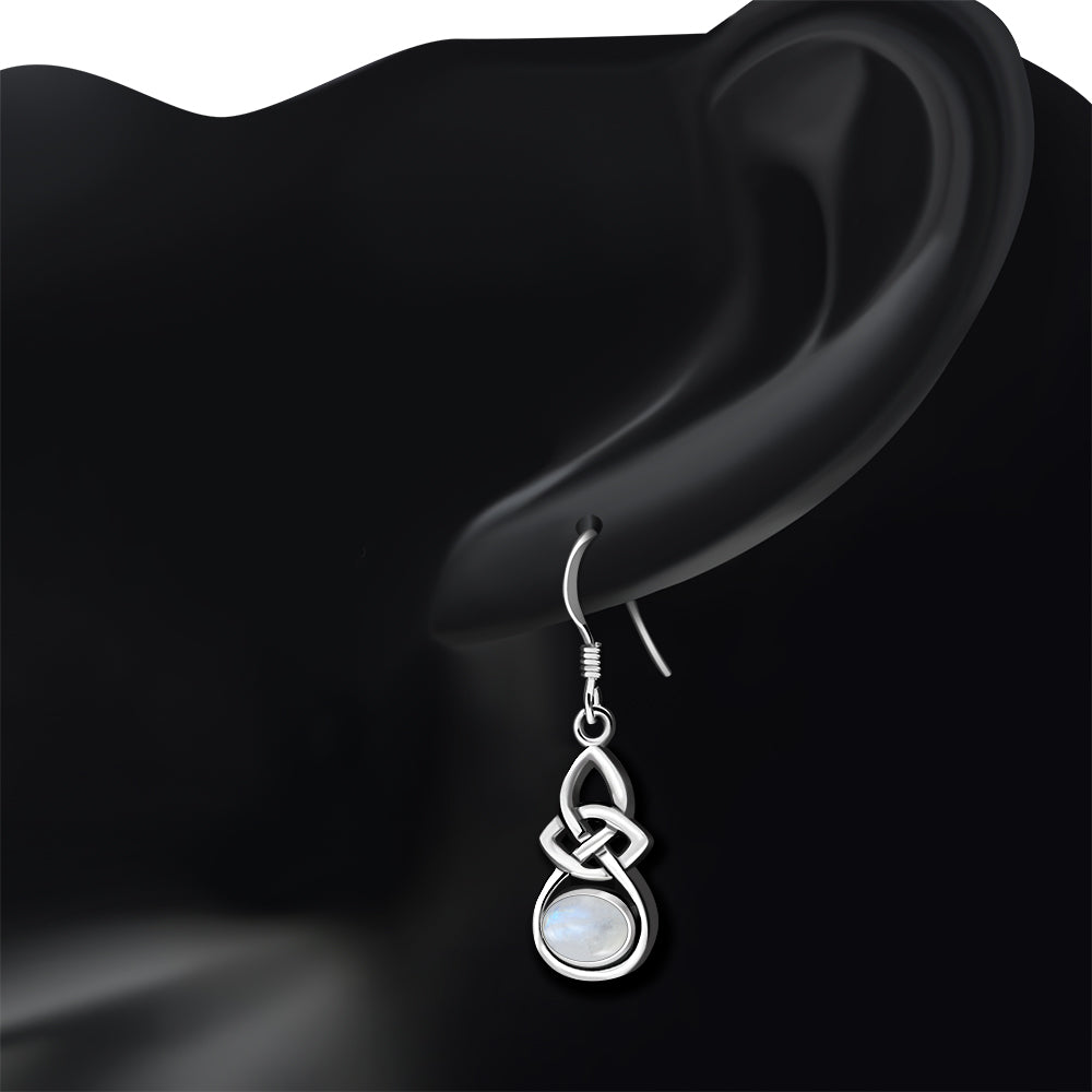 Oval Rainbow Moon Stone Celtic Knot Silver Earrings