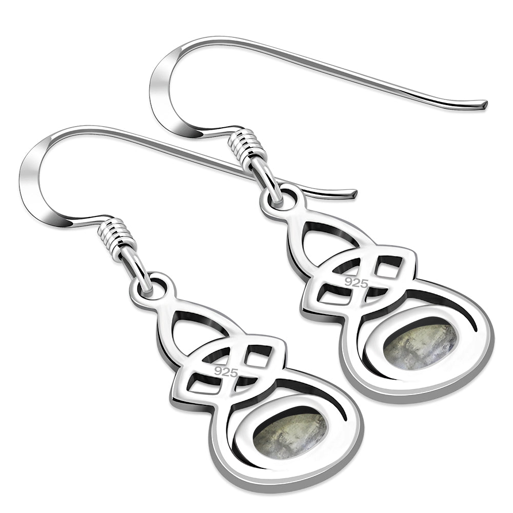 Oval Rainbow Moon Stone Celtic Knot Silver Earrings