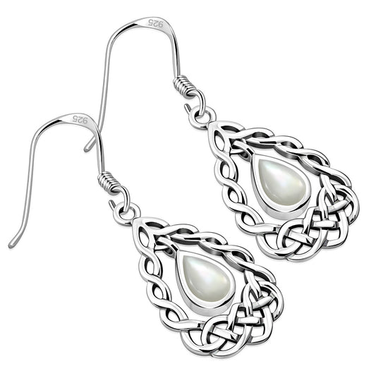 Mother of Pearl Drop Silver Celtic Knot Earrings