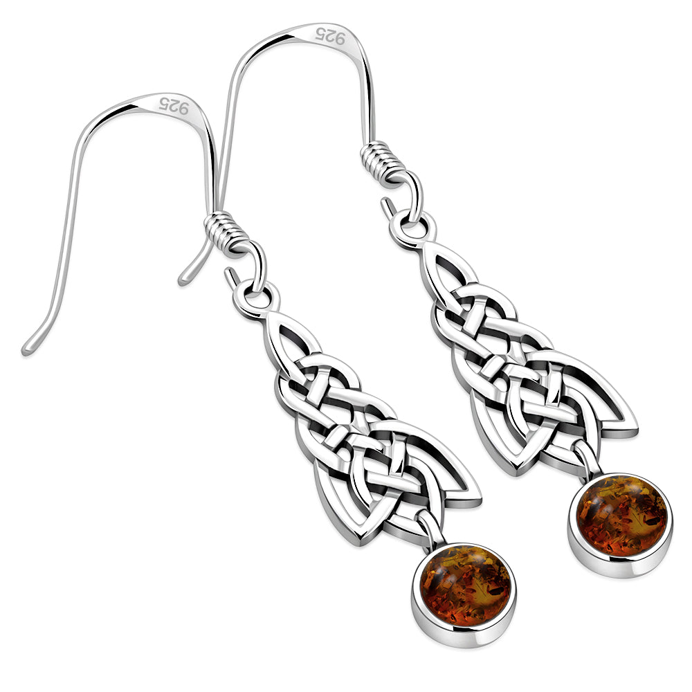 Dangle Amber Stone Celtic Knot Silver Earrings
