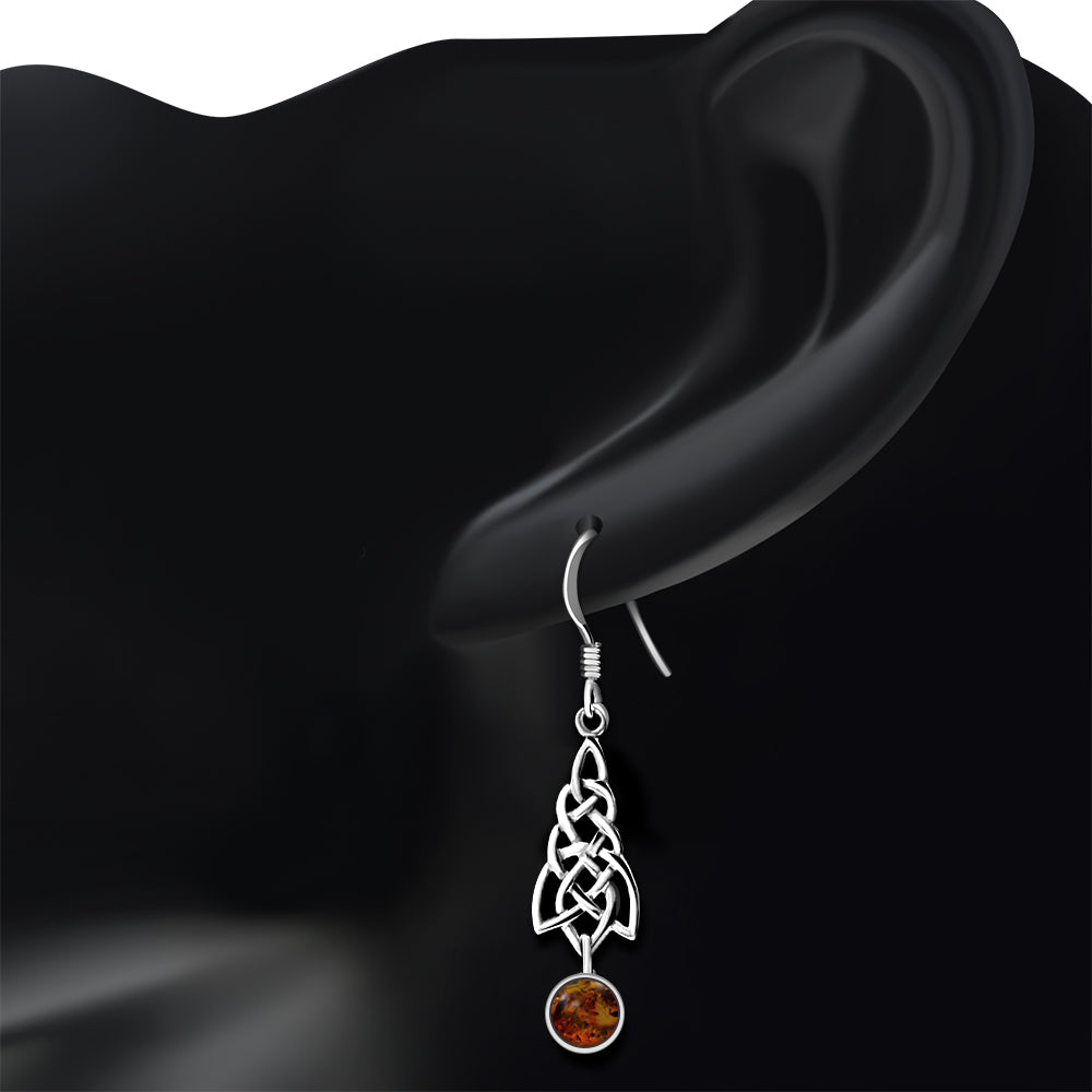 Dangle Amber Stone Celtic Knot Silver Earrings