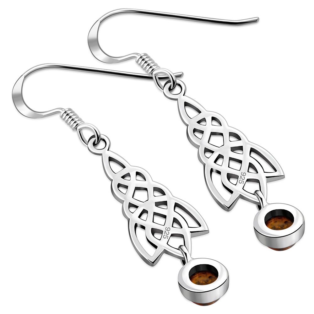 Dangle Amber Stone Celtic Knot Silver Earrings
