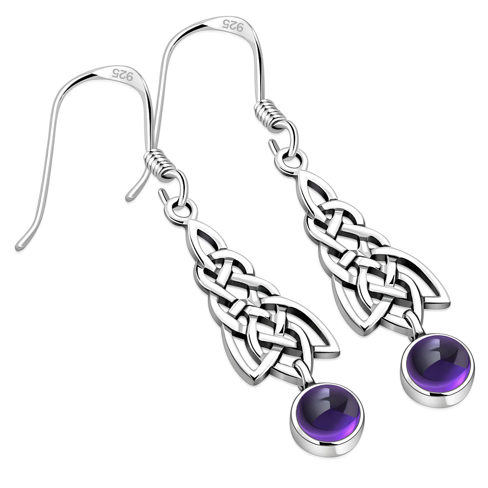 Dangle Amethyst Stone Celtic Knot Silver Earrings