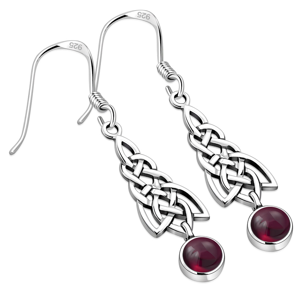 Dangle Garnet Stone Celtic Knot Silver Earrings