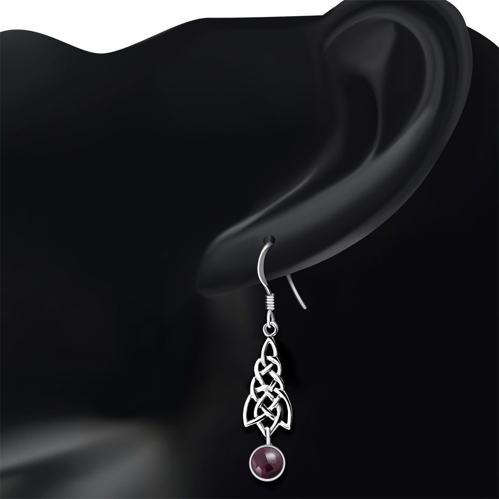 Dangle Garnet Stone Celtic Knot Silver Earrings