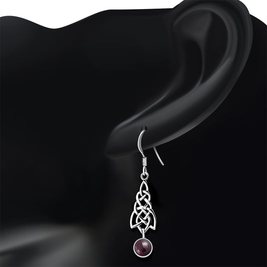 Dangle Garnet Stone Celtic Knot Silver Earrings