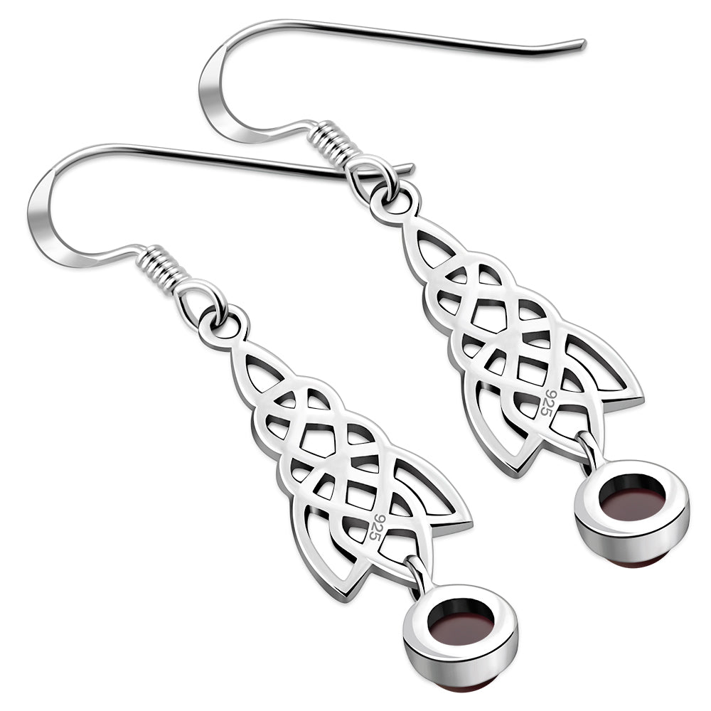 Dangle Garnet Stone Celtic Knot Silver Earrings
