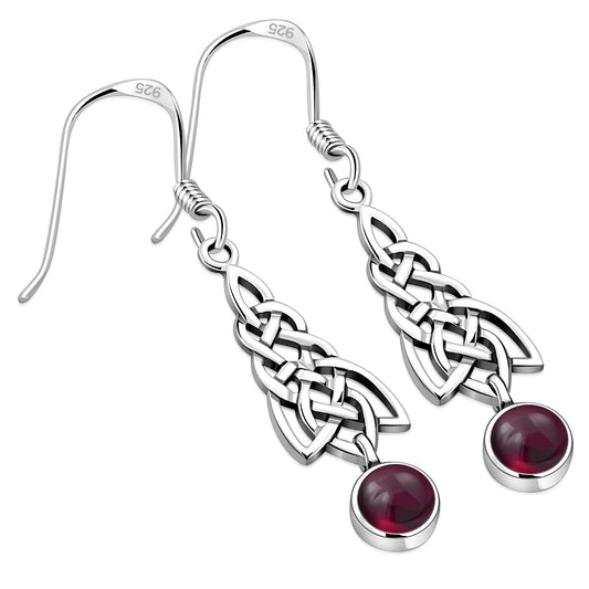Dangle Garnet Stone Celtic Knot Silver Earrings