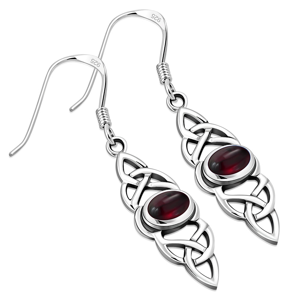 Garnet Stone Long Celtic Silver Earrings Set