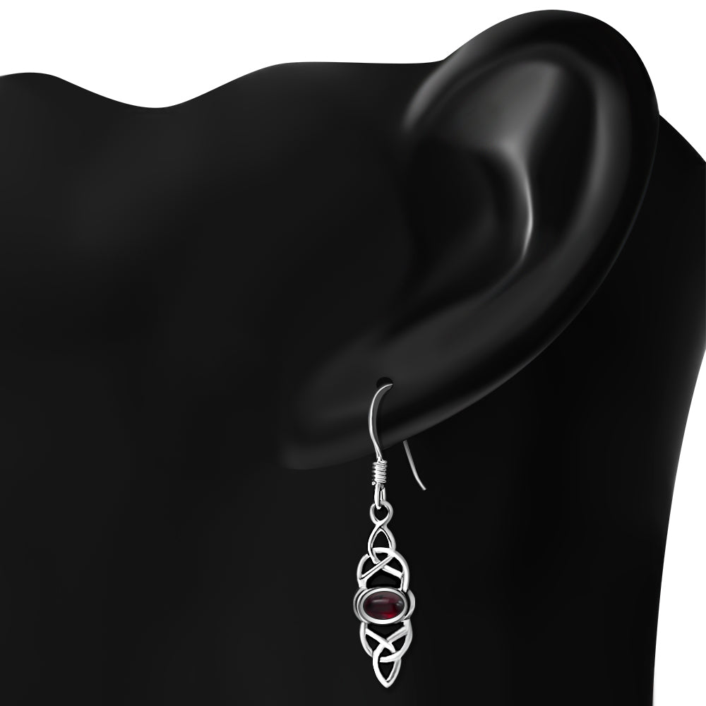Garnet Stone Long Celtic Silver Earrings Set