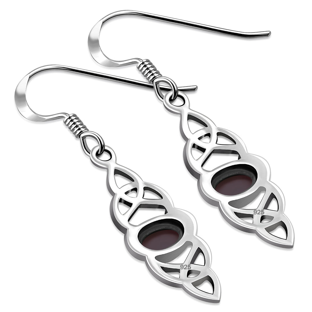 Garnet Stone Long Celtic Silver Earrings Set