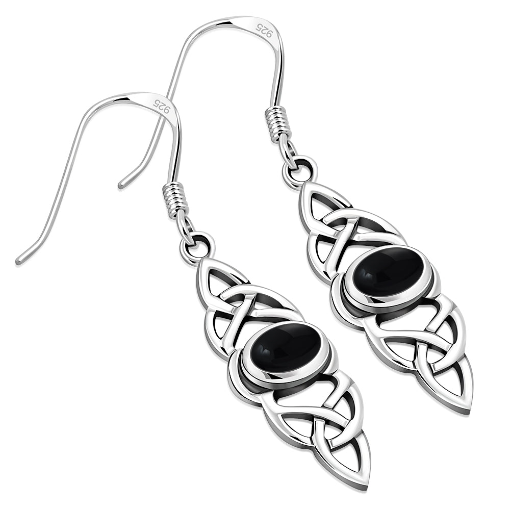 Black Onyx Long Celtic Silver Earrings