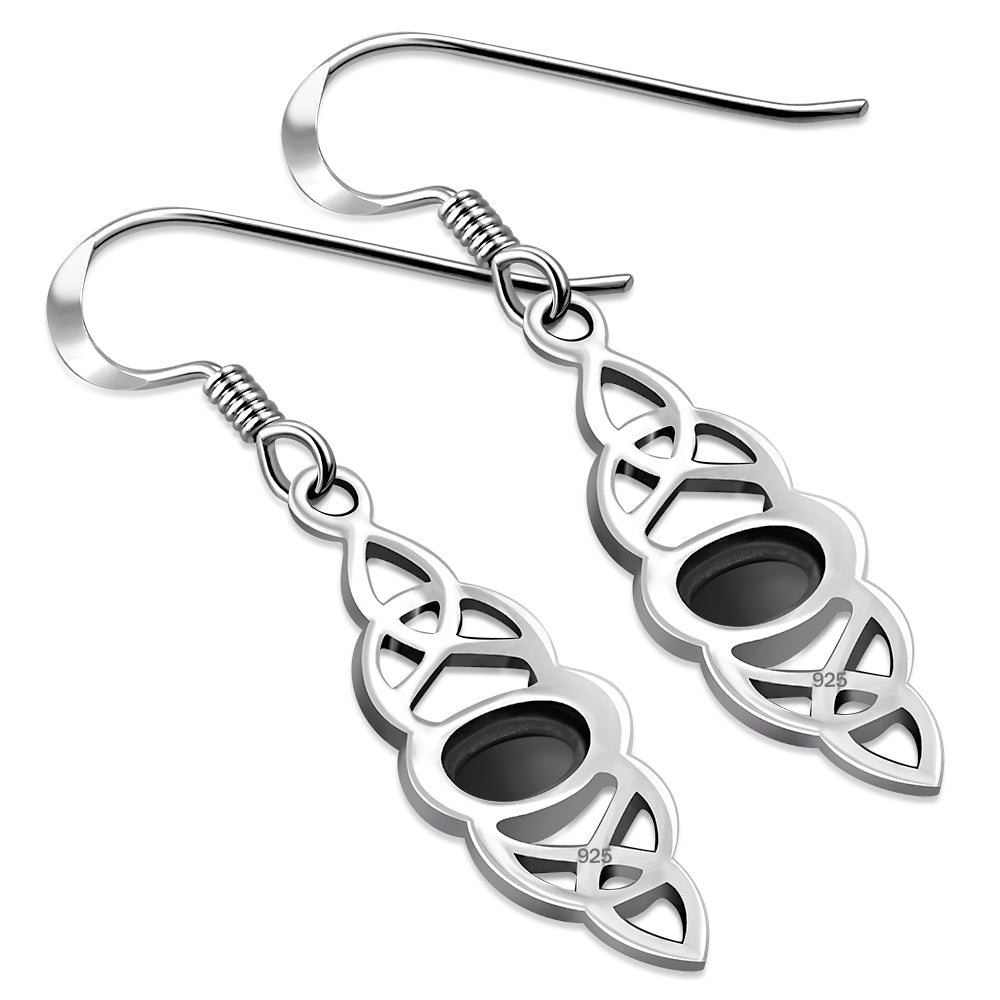 Black Onyx Long Celtic Silver Earrings