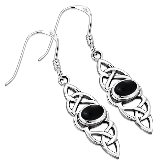 Black Onyx Long Celtic Silver Earrings