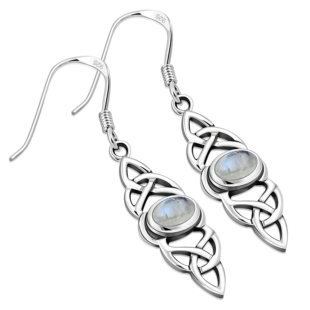 Long Celtic Silver Earrings set w Rainbow Moonstone Long Celtic Silver Earrings
