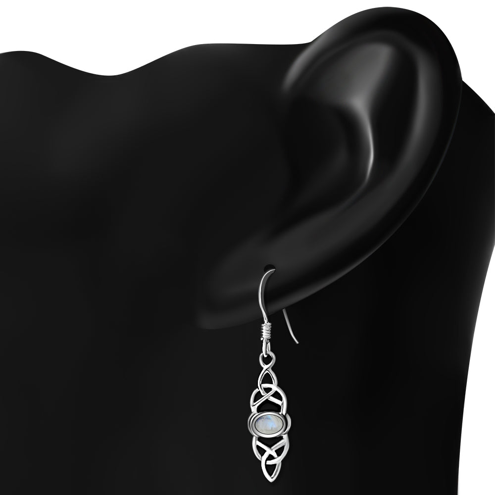 Long Celtic Silver Earrings set w Rainbow Moonstone Long Celtic Silver Earrings