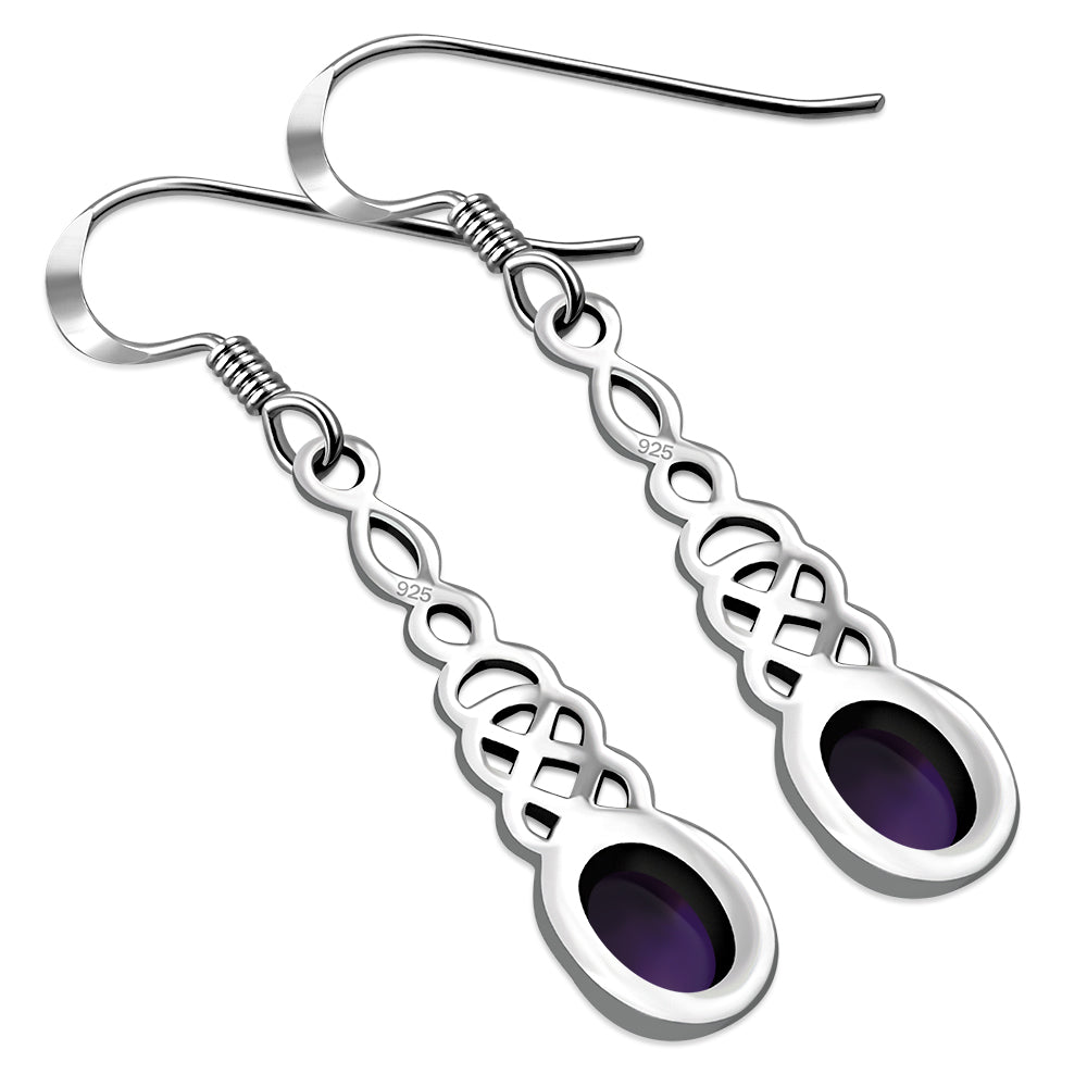 Amethyst Stone Long Celtic Knot Silver Earrings