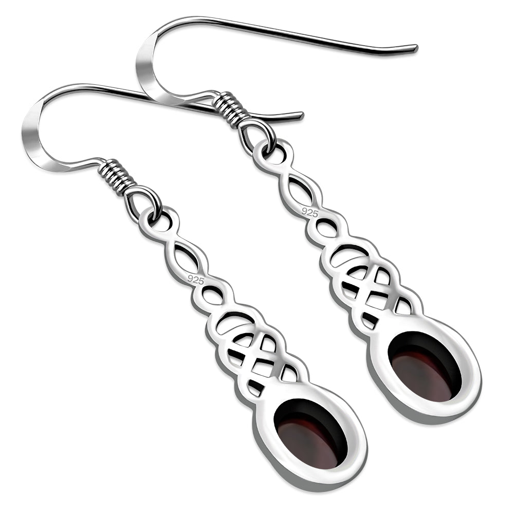 Garnet Long Celtic Knot Silver Earrings