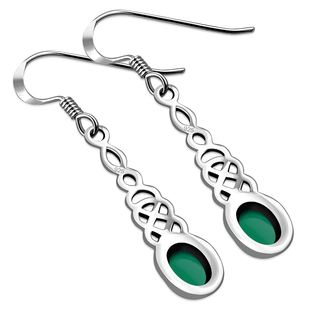 Green Agate Celtic Silver Long Drop Dangle Hook Earrings