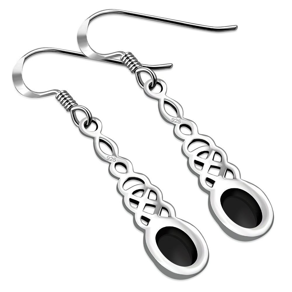 Black Onyx Long Celtic Silver Earrings