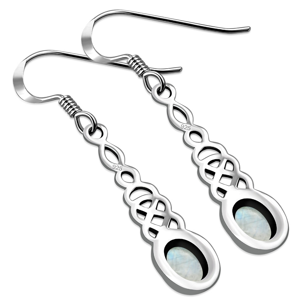Rainbow Moonstone Long Celtic Silver Earrings