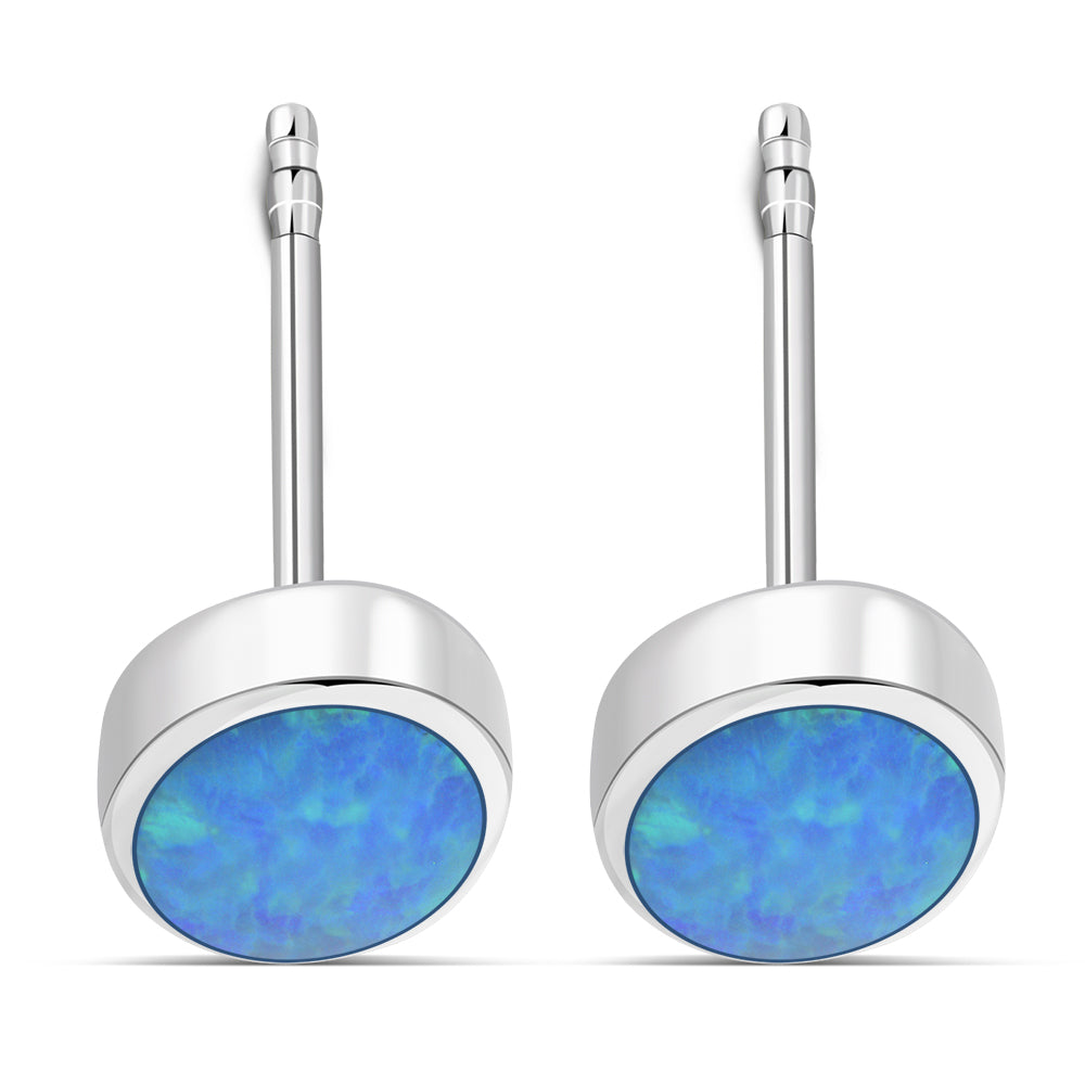 Synthetic Blue Opal Oval Stud Sterling Silver Earrings