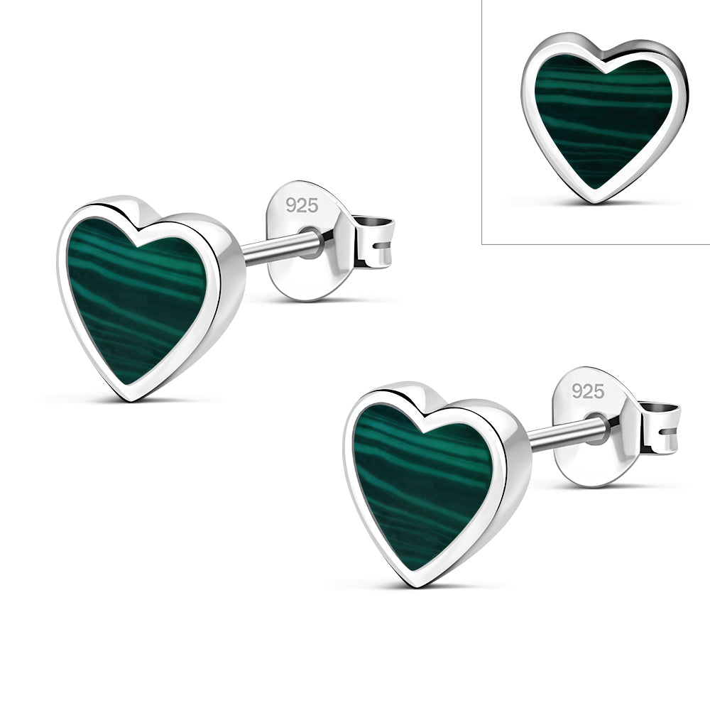 Green Malachite Heart Stud Silver Earrings