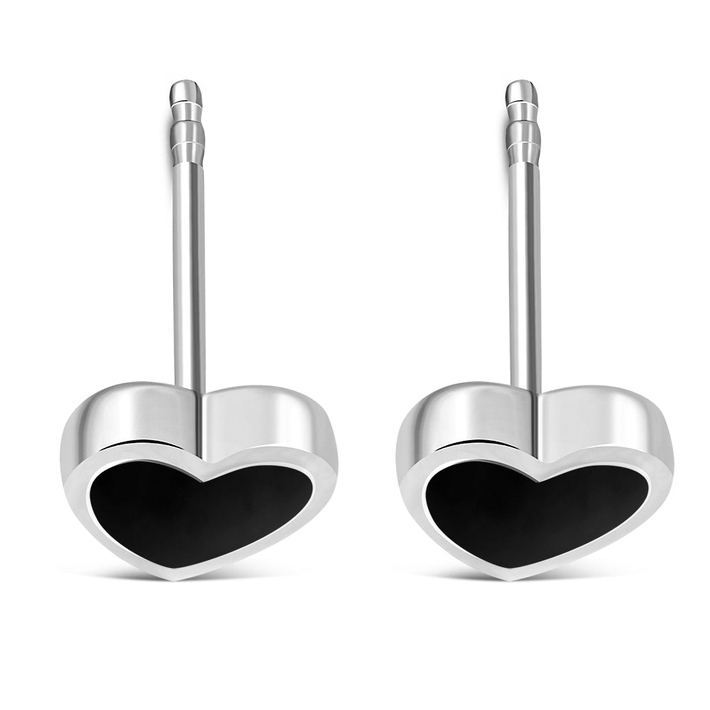 Black Onyx Heart Stud Silver Earrings