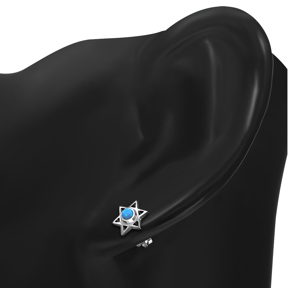 Star Of David Jewish Judaica 925 Sterling Silver Stud Earrings With Synthetic Blue Opal
